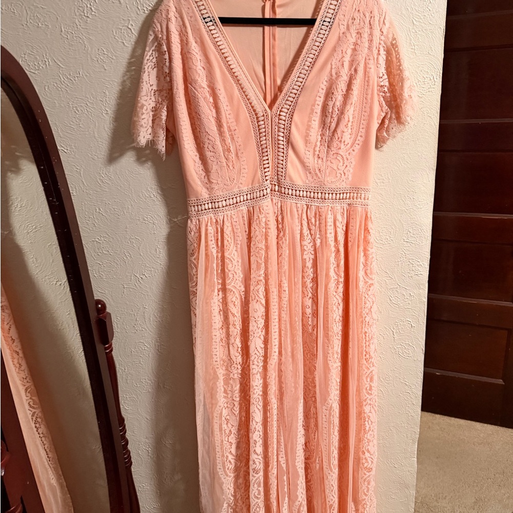 Peach Lace V-Neck Maxi Gown